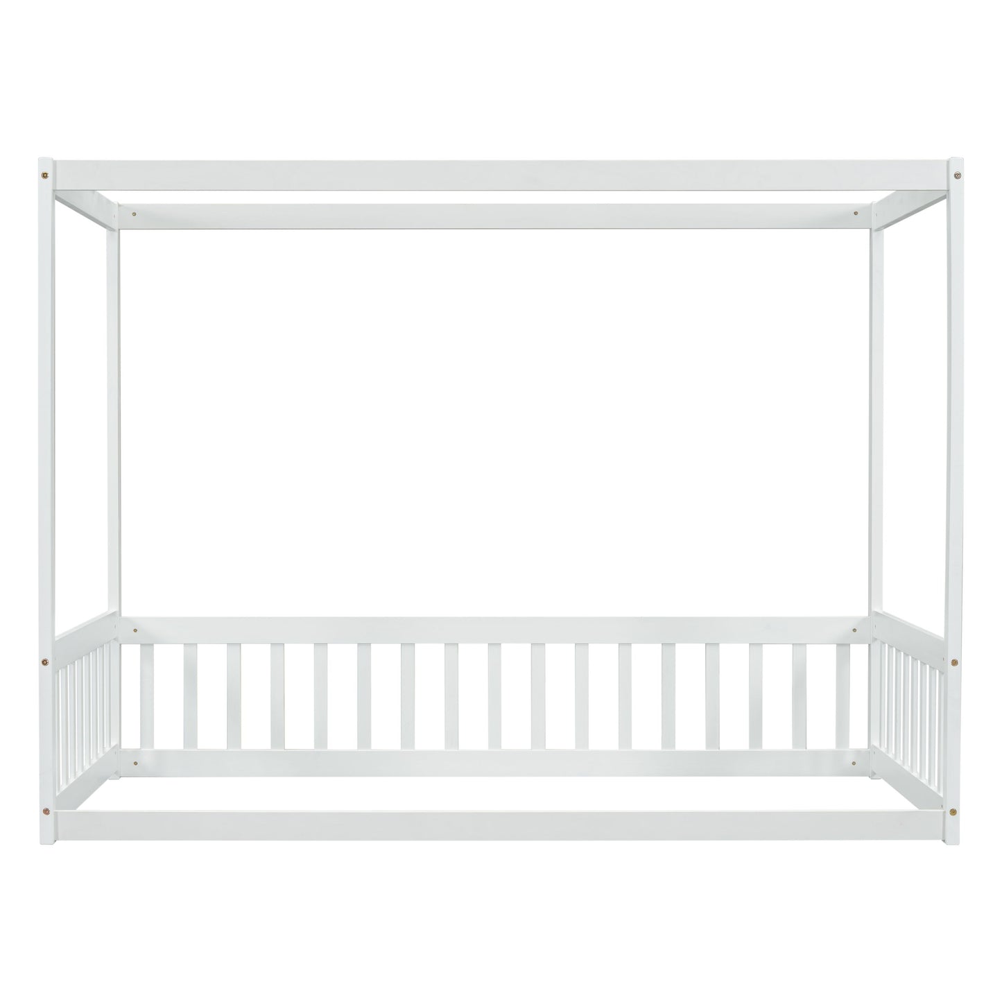 Twin Size Canopy Frame Floor Bed With Fence, Guardrails - White