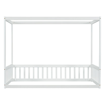 Twin Size Canopy Frame Floor Bed With Fence, Guardrails - White