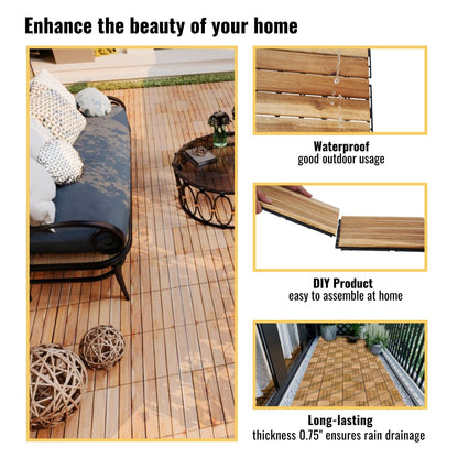 10 Piece Interlocking Deck Tiles Striped Pattern, Square Acacia Hardwood Outdoor Flooring For Patio, Bancony, Pool Side - Yellow