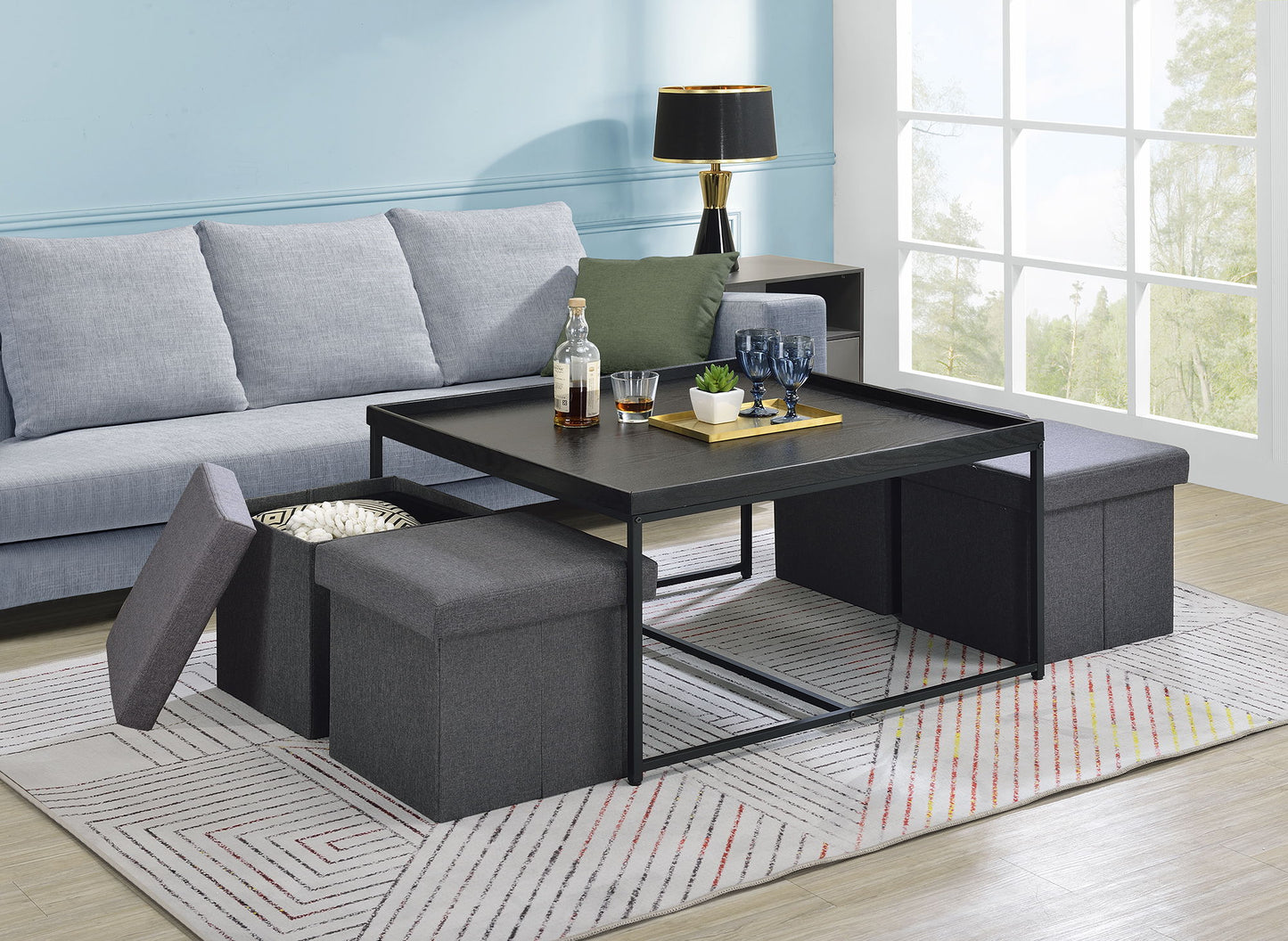 Vinny - Wood Grain 5 Piece Coffee Table Set With Raised Edges (Set of 5) - Black