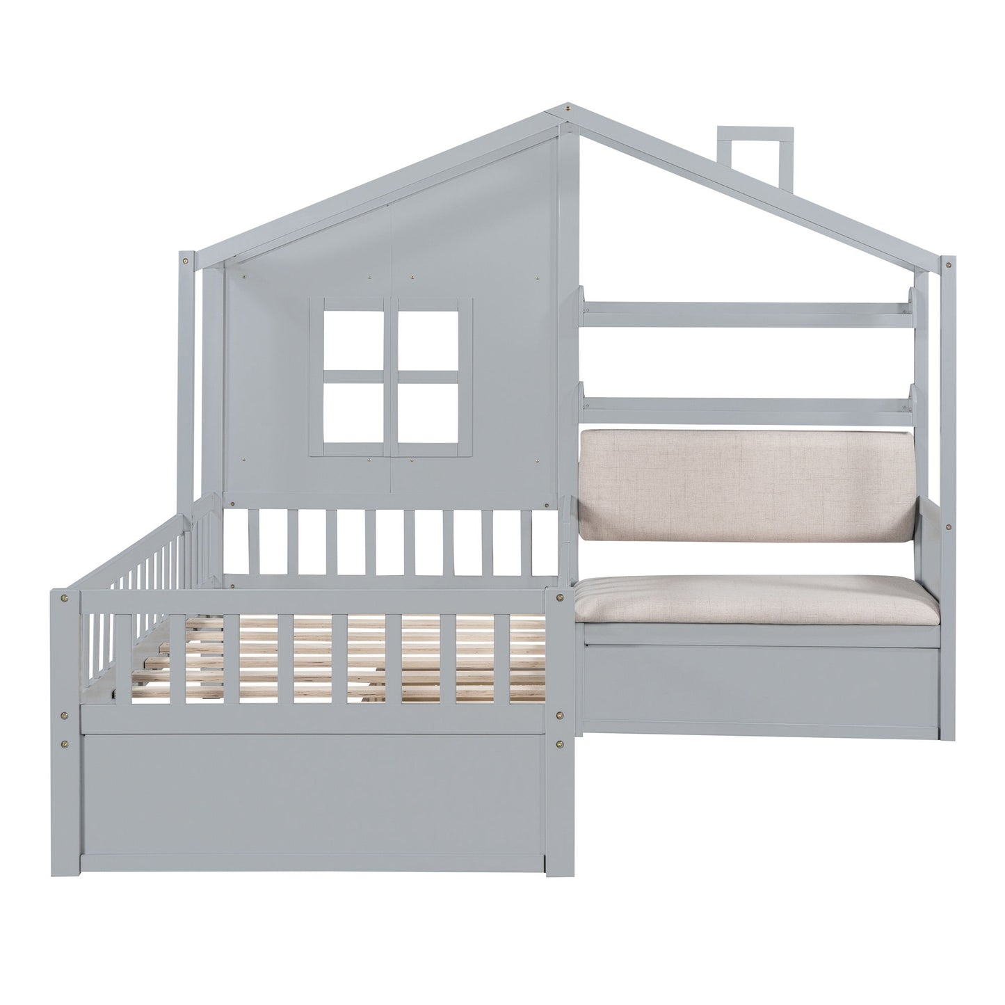 Twin Size House Bed With Sofa, Kids Platform Bed With 2 Drawers And Storage Shelf - Gray