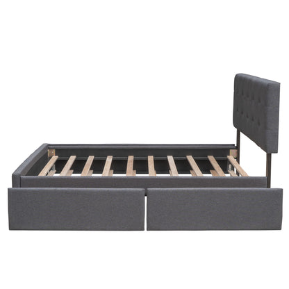 Queen Size Upholstered Platform Bed With 2 Drawers And 1 Twin Long Trundle - Dark Gray
