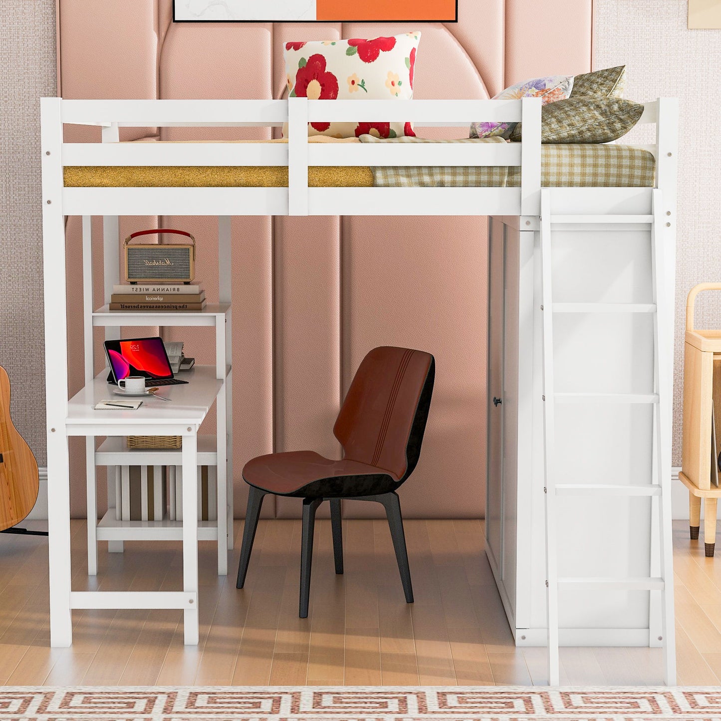 Full Size Loft Bed With Wardrobe And Desk And Shelves - White