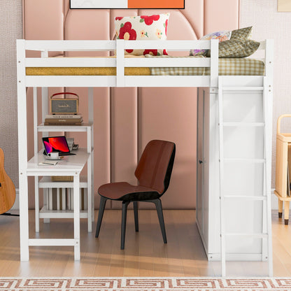 Full Size Loft Bed With Wardrobe And Desk And Shelves - White