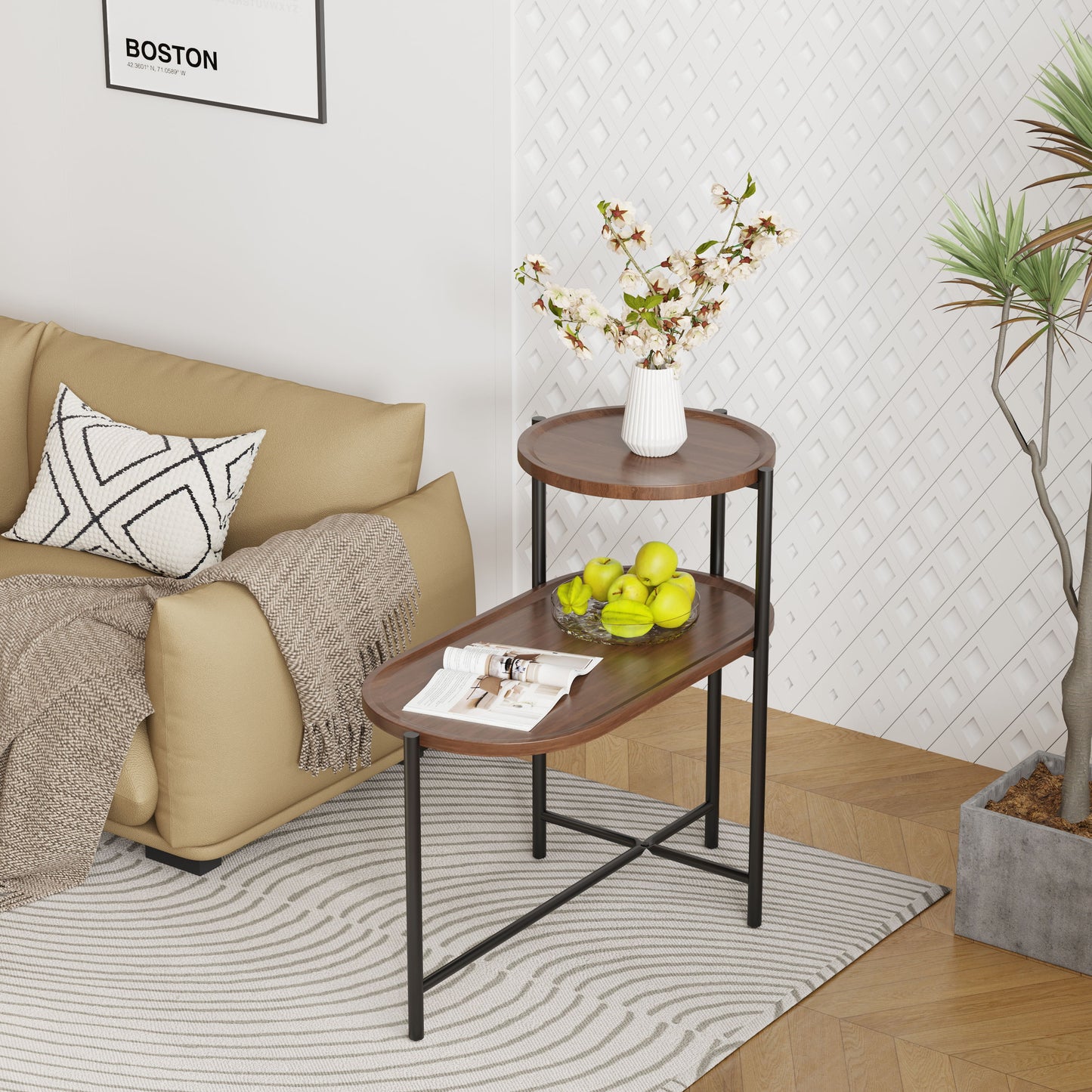 Small Coffee Tables 2 Tier Modern Sofa Side Table With Wood Storage Shelf Living Room End Tables Nightstands - Walnut Brown