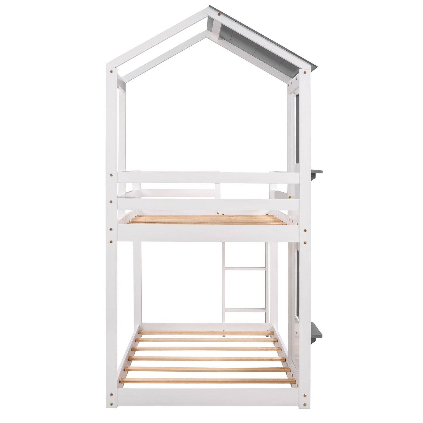 Twin Over Twin Bunk Bed & Roof, Window, Guardrail, Ladder - White