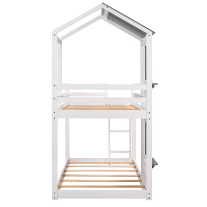 Twin Over Twin Bunk Bed & Roof, Window, Guardrail, Ladder - White