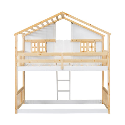 Twin Over Twin House Bunk Bed With Roof, Window, Window Box, Door, With Safety Guardrails And Ladder - Natural / White