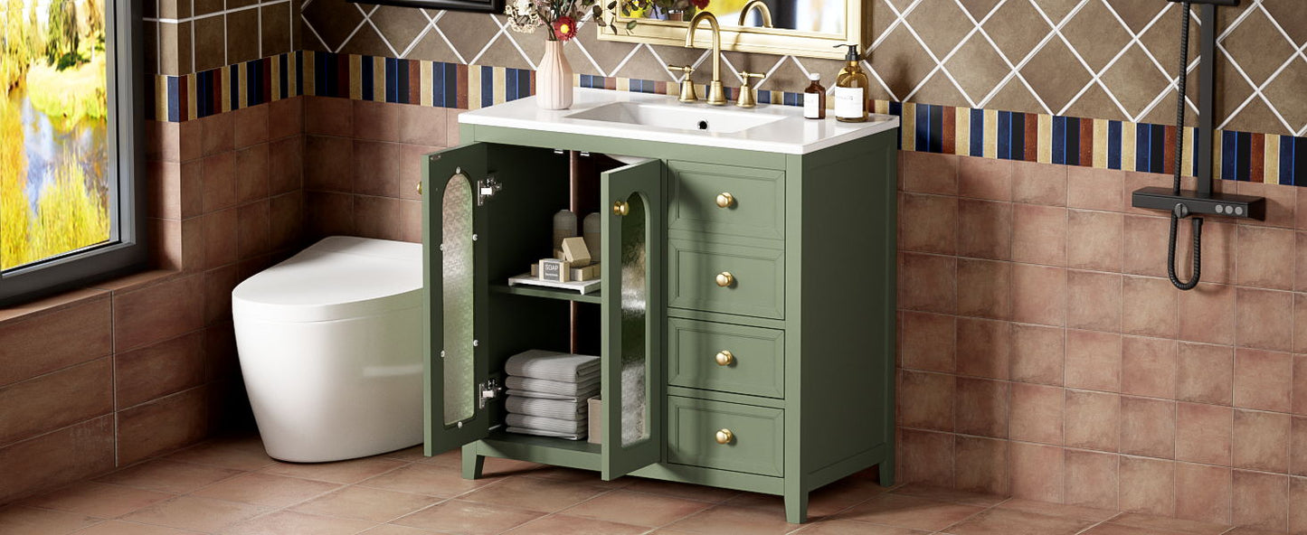 Bathroom Vanity With Two Soft Close Doors, Adjustable Shelves And Three Drawers - Green