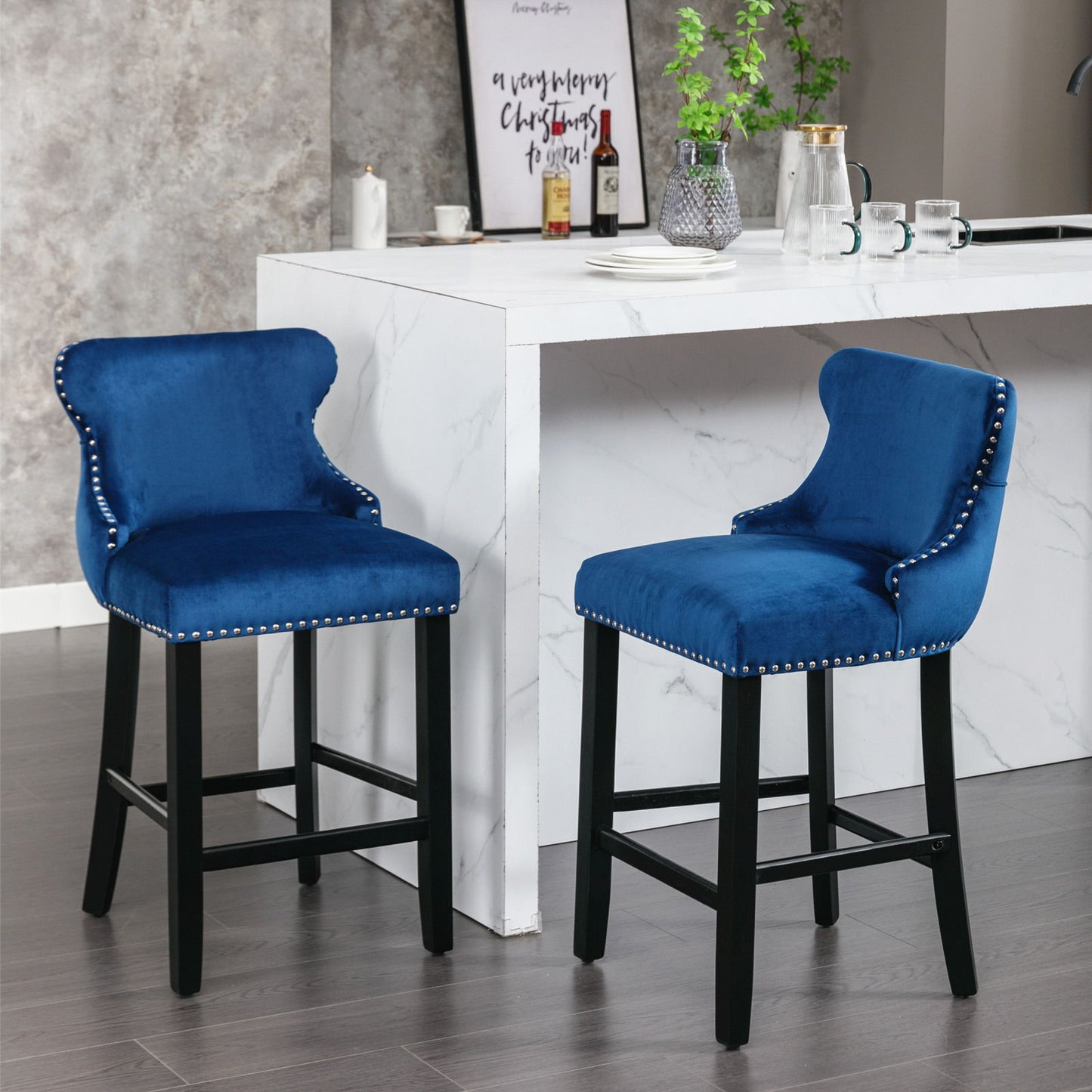 Contemporary Velvet Upholstered Wing-Back Barstools With Button Tufted Decoration And Wooden Legs, And Chrome Nailhead Trim, Leisure Style Bar Chairs, Bar Stools (Set of 4) - Blue