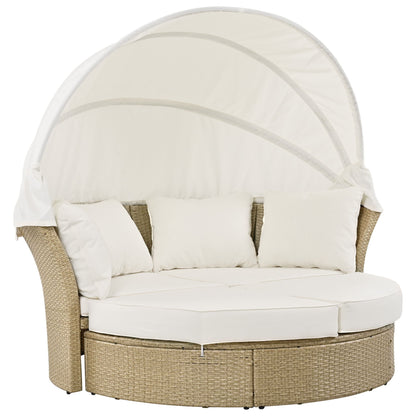 Outdoor Patio Daybed Wicker Rattan Double Daybed Round Sofa Furniture Set With Retractable Canopy, 4 Pillows For Lawn Garden Backyard Porch Pool - Beige