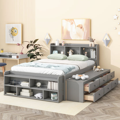 Full Bed With Bookcase Headboard, Under Bed Storage Drawers And Bed End Storage Case - Gray