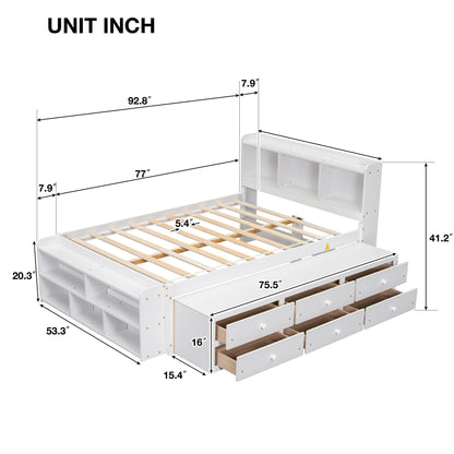 Full Bed With Bookcase Headboard, Under Bed Storage Drawers And Bed End Storage Case - White