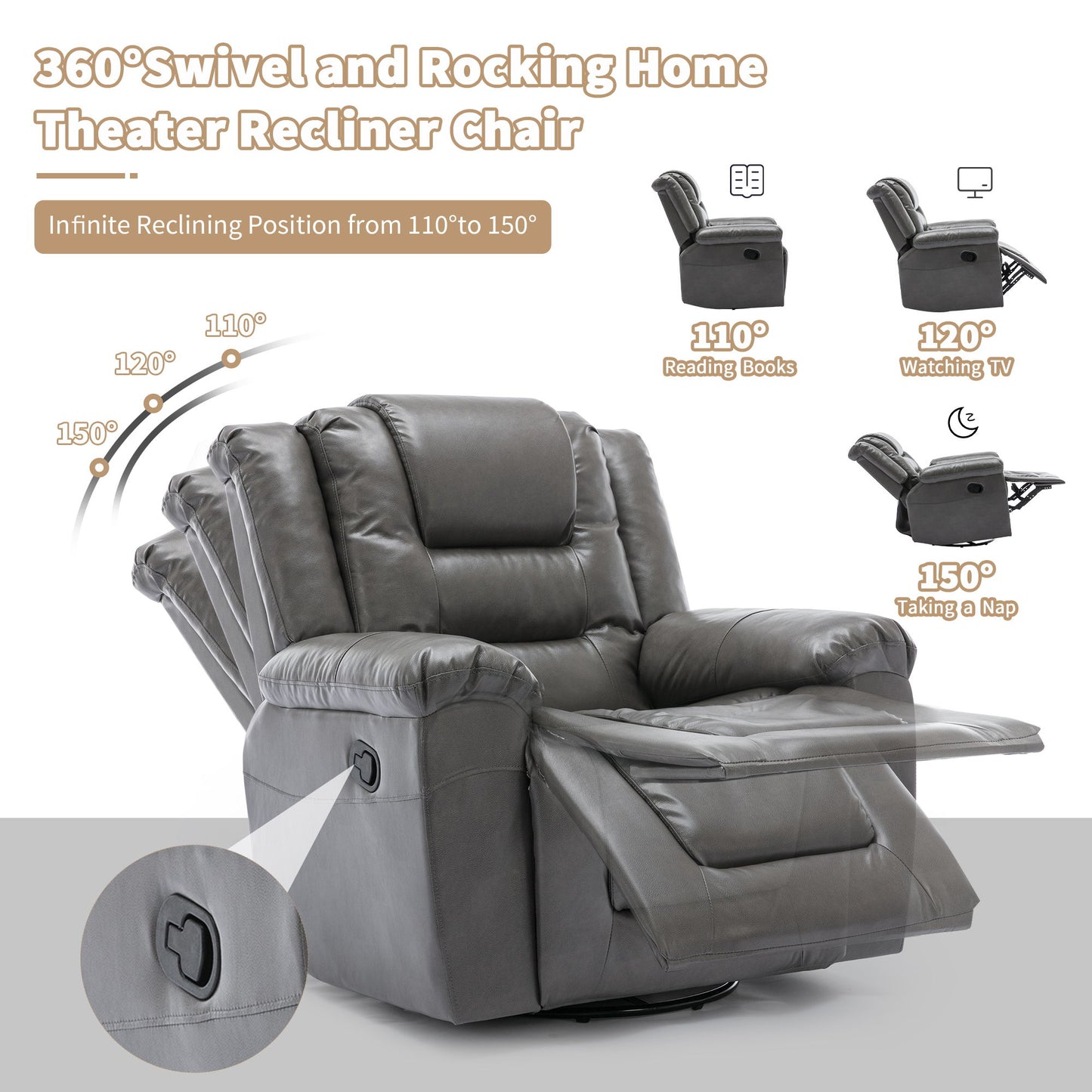 2 Seater Home Theater Recliner Manual Recliner Chair With A Storage Box And Two Cup Holders For Living Room - Gray