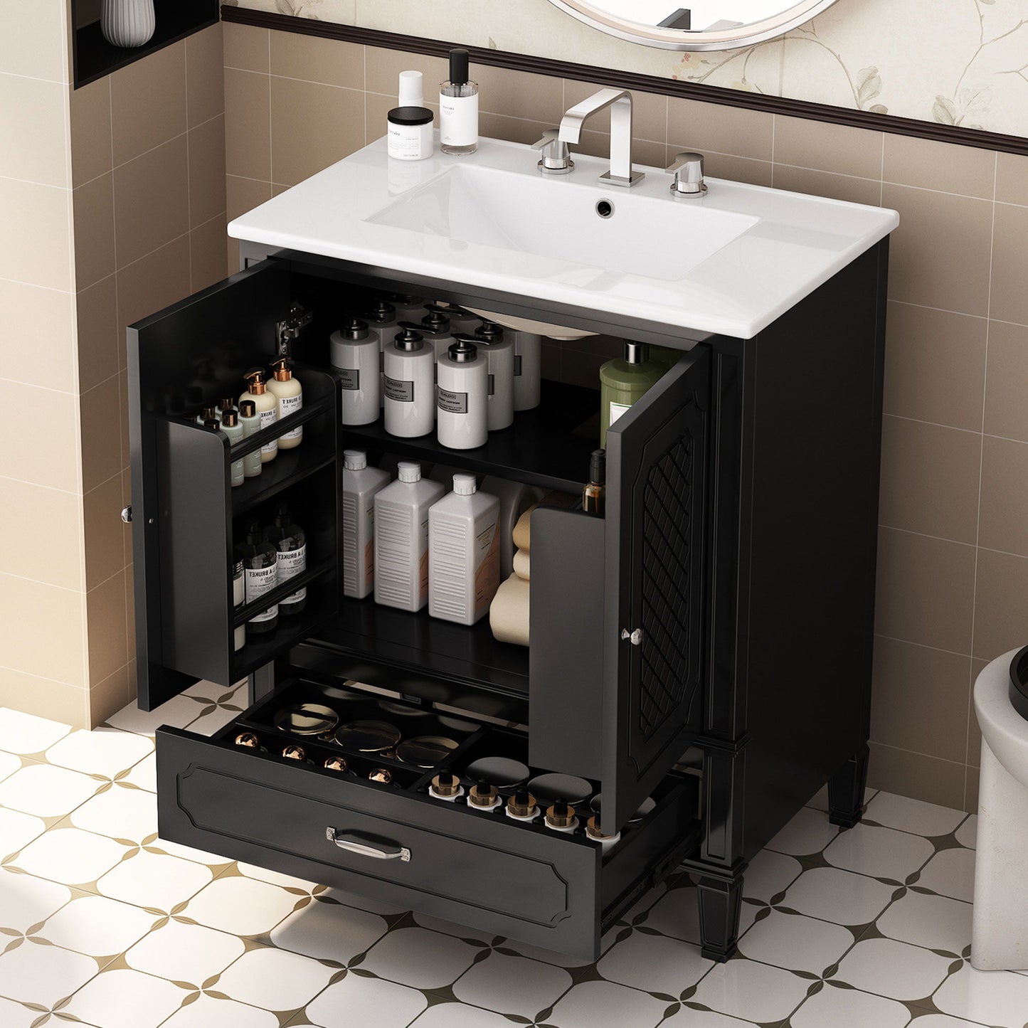 Vintage Style 30" Bathroom Vanity With Sink, Multi Functional Storage, Soft Closing Door - Black