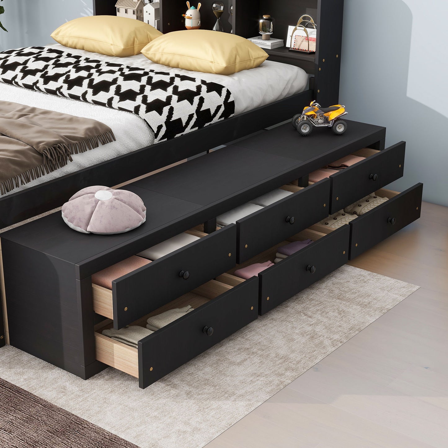 Full Bed With Bookcase Headboard, Under Bed Storage Drawers And Bed End Storage Case - Espresso
