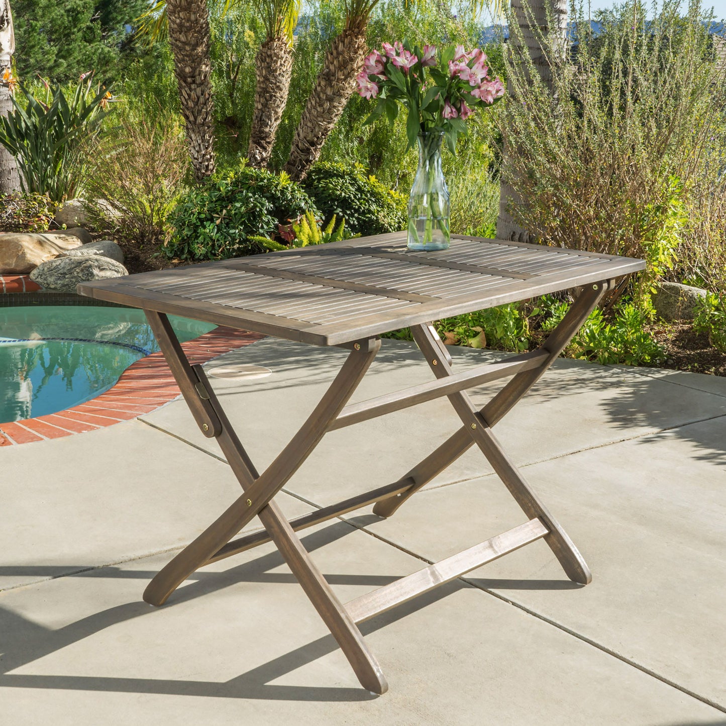 Blissique - Outdoor Foldable Wood Dining Table With Slat Design - Gray