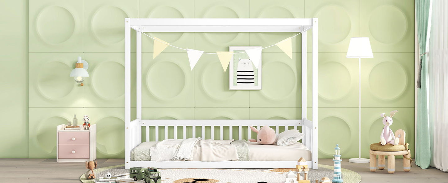 Twin Size Canopy Frame Floor Bed With Fence, Guardrails - White