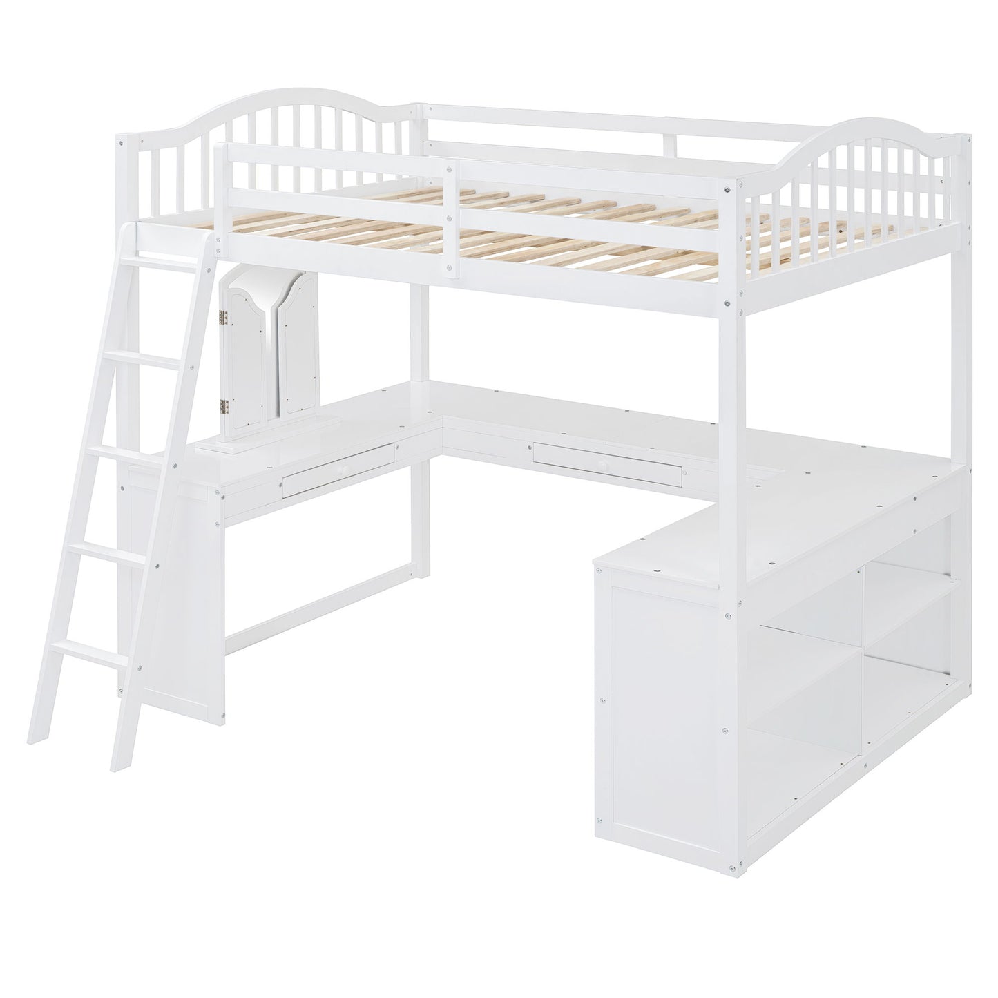 Full Loft Bed With U Shaped Desk, Storage Compartments And Tri Fold Mirror - White