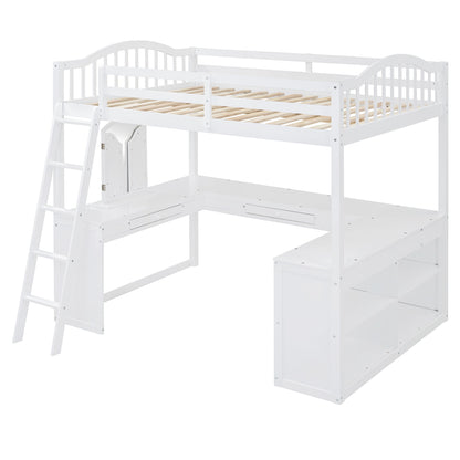 Full Loft Bed With U Shaped Desk, Storage Compartments And Tri Fold Mirror - White