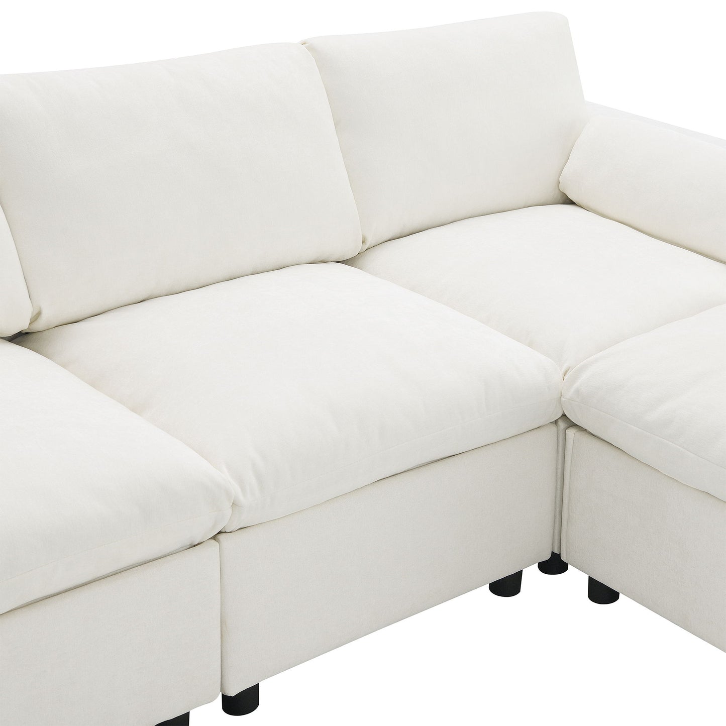 Modular Sectional With Storage Pockets, 5 Seat U Shaped Couch Set With Pillows Free Combination Modern Cloud Sofa With 2 Movable Ottoman - White