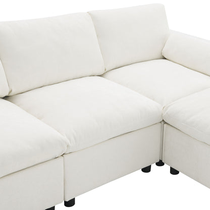 Modular Sectional With Storage Pockets, 5 Seat U Shaped Couch Set With Pillows Free Combination Modern Cloud Sofa With 2 Movable Ottoman - White