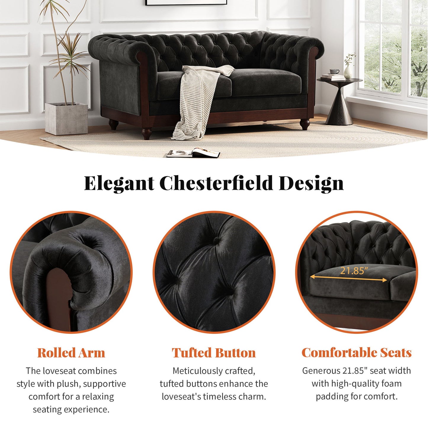 Chesterfield Velvet Loveseat Sofa, 2 Person Rolled Arm Upholstered Couch - Black