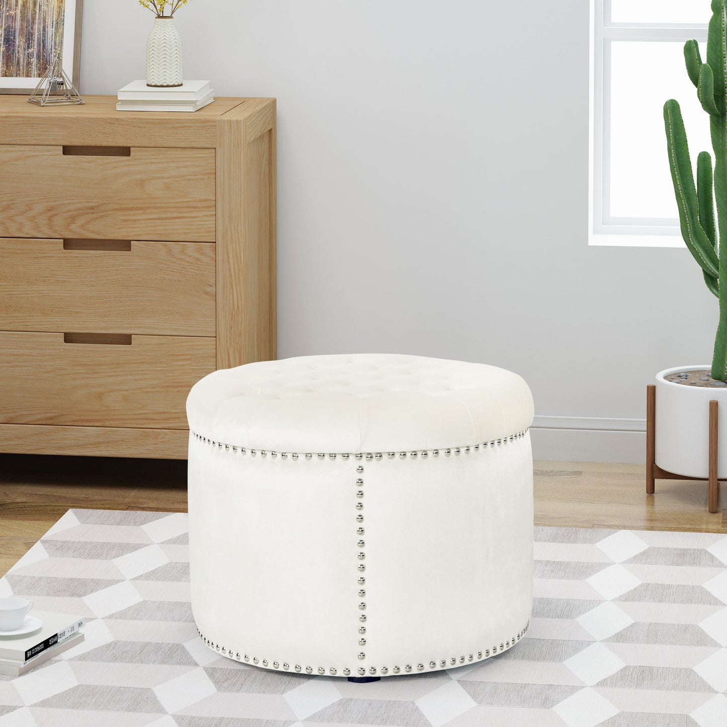 Elegant Round Ottoman With Studded Rim - Beige