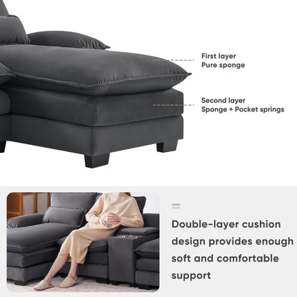 Modern U Shaped Sofa With Console, Cupholders And USB Ports, 6 Seat Upholstered Symmetrical Indoor Furniture, Sleeper Couch Set With Chaise - Gray