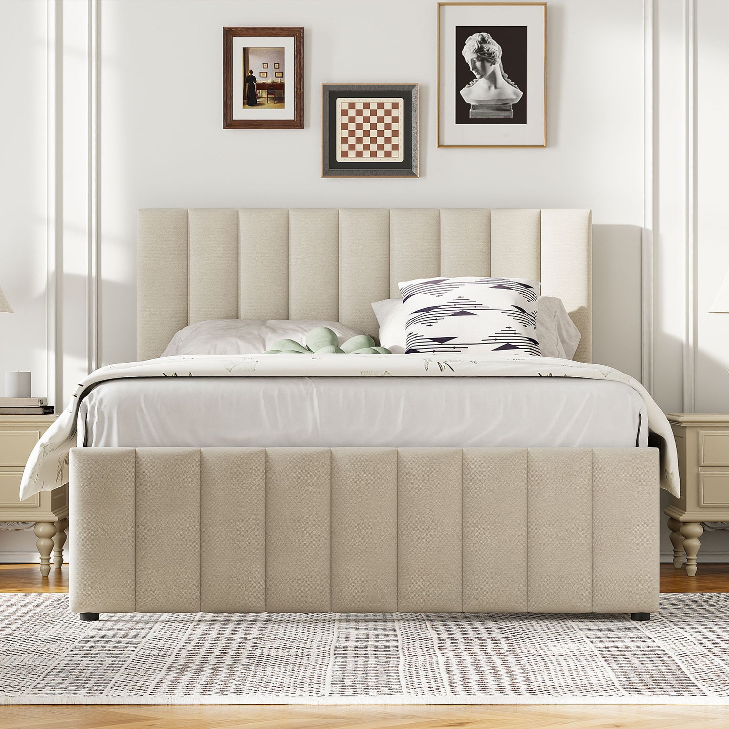 Full Size Upholstered Platform Bed With Twin Size Trundle And 3 Drawers - Beige