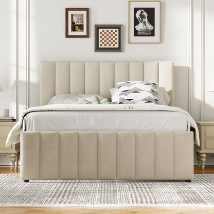 Full Size Upholstered Platform Bed With Twin Size Trundle And 3 Drawers - Beige