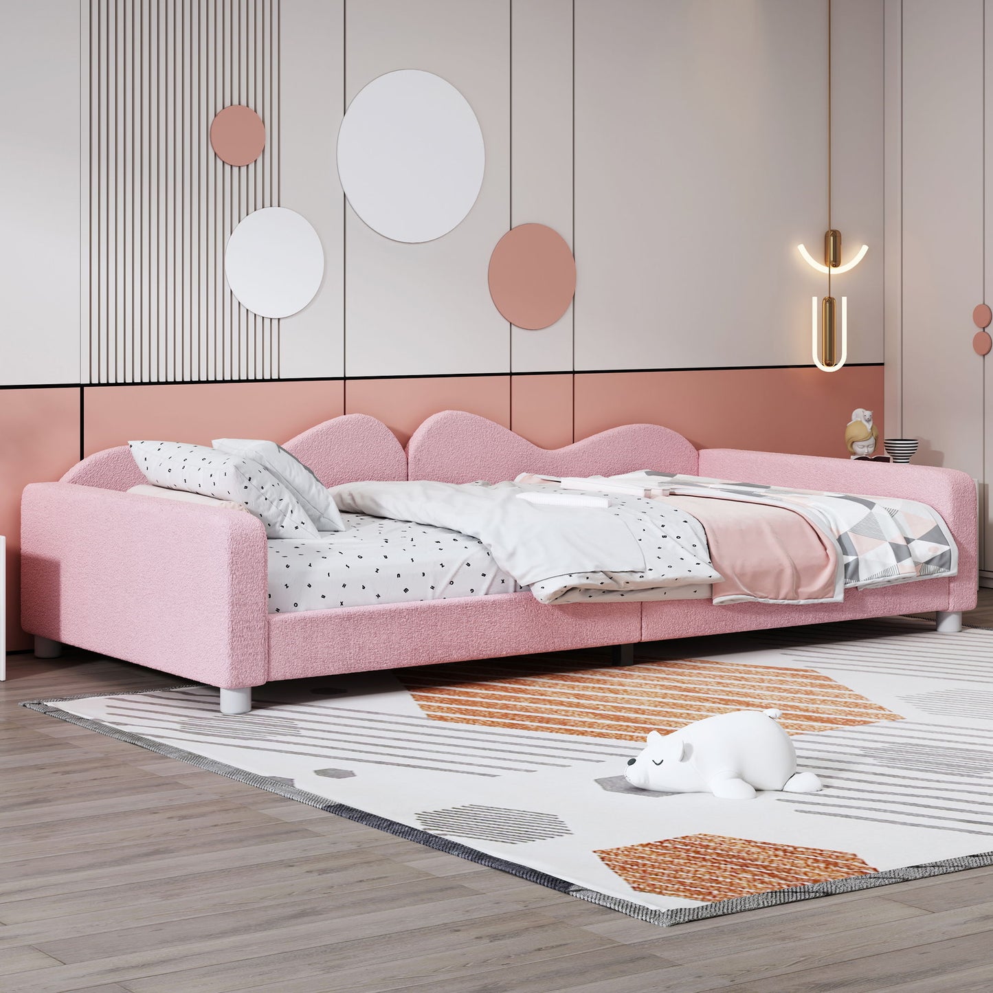 Twin Size Upholstered Daybed, Sherpa Fabric Sofabed With Cloud-Shaped Backrest, No Box - Spring Needed - Pink