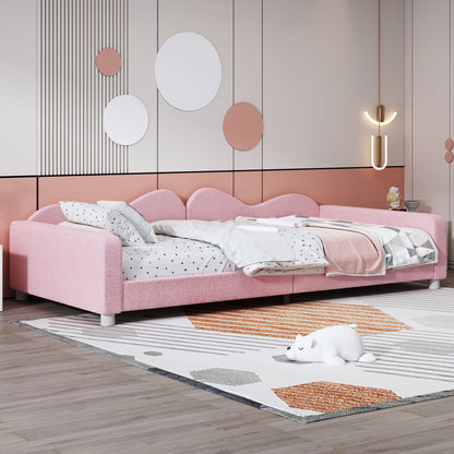 Twin Size Upholstered Daybed, Sherpa Fabric Sofabed With Cloud-Shaped Backrest, No Box - Spring Needed - Pink