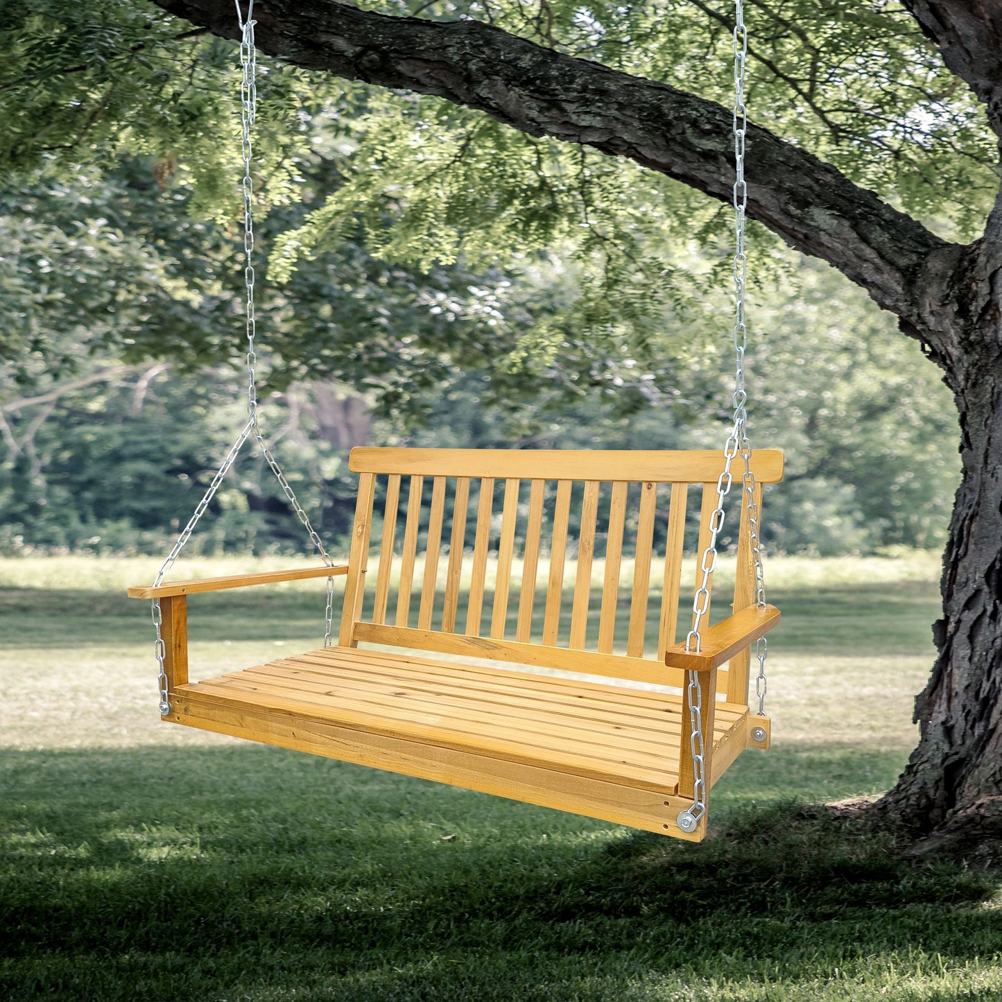 Front Porch Swing With Armrests For Outdoor Patio, Garden Yard, Backyard Or Sunroom - Teak