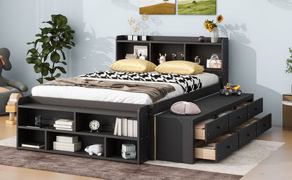 Full Bed With Bookcase Headboard, Under Bed Storage Drawers And Bed End Storage Case - Espresso