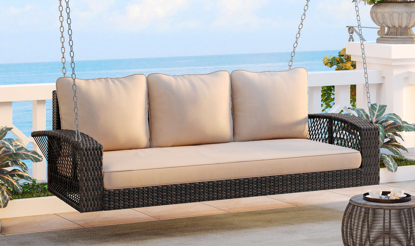 3 Person Porch Swing With Chains, Large Patio Swing Bench With Cushions For Backyard, Garden, And Poolside - Brown