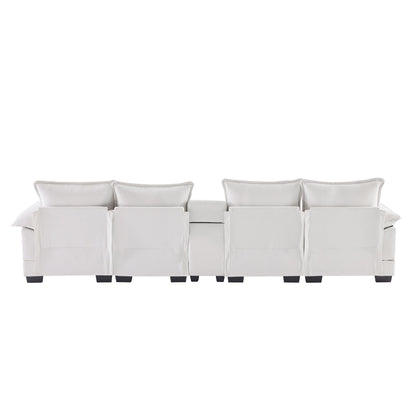 Modern U Shaped Sofa With Console, Cupholders And USB Ports, 6 Seat Upholstered Symmetrical Indoor Furniture, Sleeper Couch Set With Chaise - White