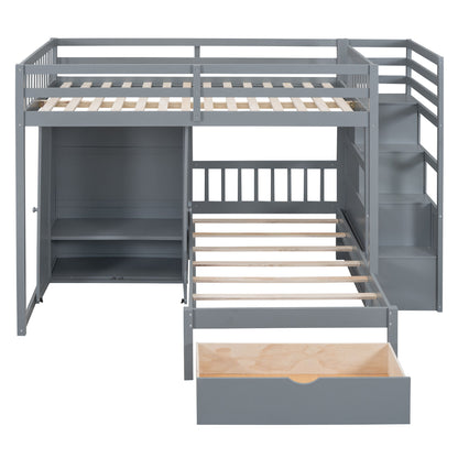 Full Over Twin Bunk Bed With Wardrobe, Drawers - Gray