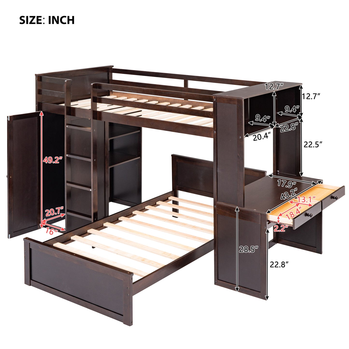 Twin Size Loft Bed With A Stand Alone Bed, Shelves, Desk, And Wardrobe - Espresso