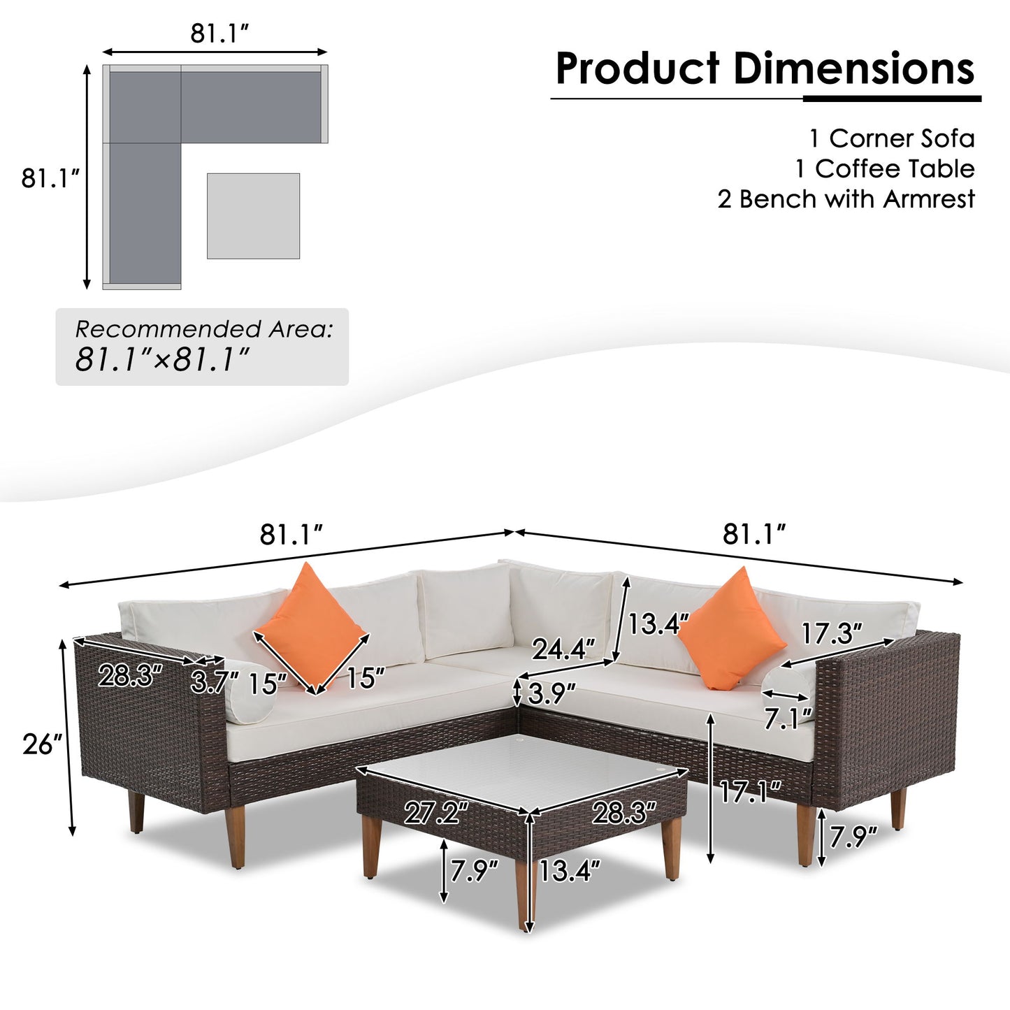 4 Pieces Outdoor Wicker Sofa Set, Patio Furniture With Colorful Pillows, L - Shape Sofa Set - Beige / Brown