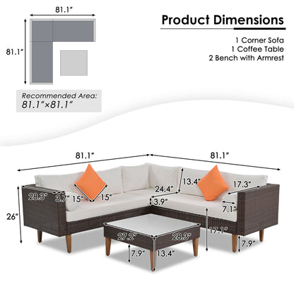 4 Pieces Outdoor Wicker Sofa Set, Patio Furniture With Colorful Pillows, L - Shape Sofa Set - Beige / Brown