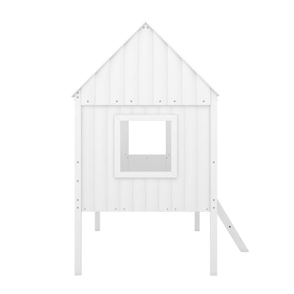 Twin Size Low Loft House Bed With Two Side Windows - White