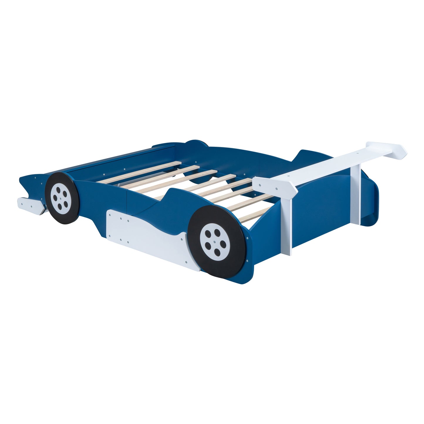 Full Size Race Car Shaped Platform Bed With Wheels - Blue