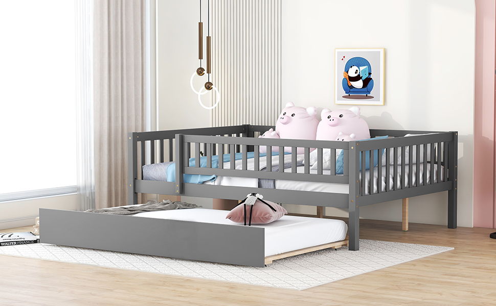 Full Size Daybed With Trundle And Fence Guardrails - Gray