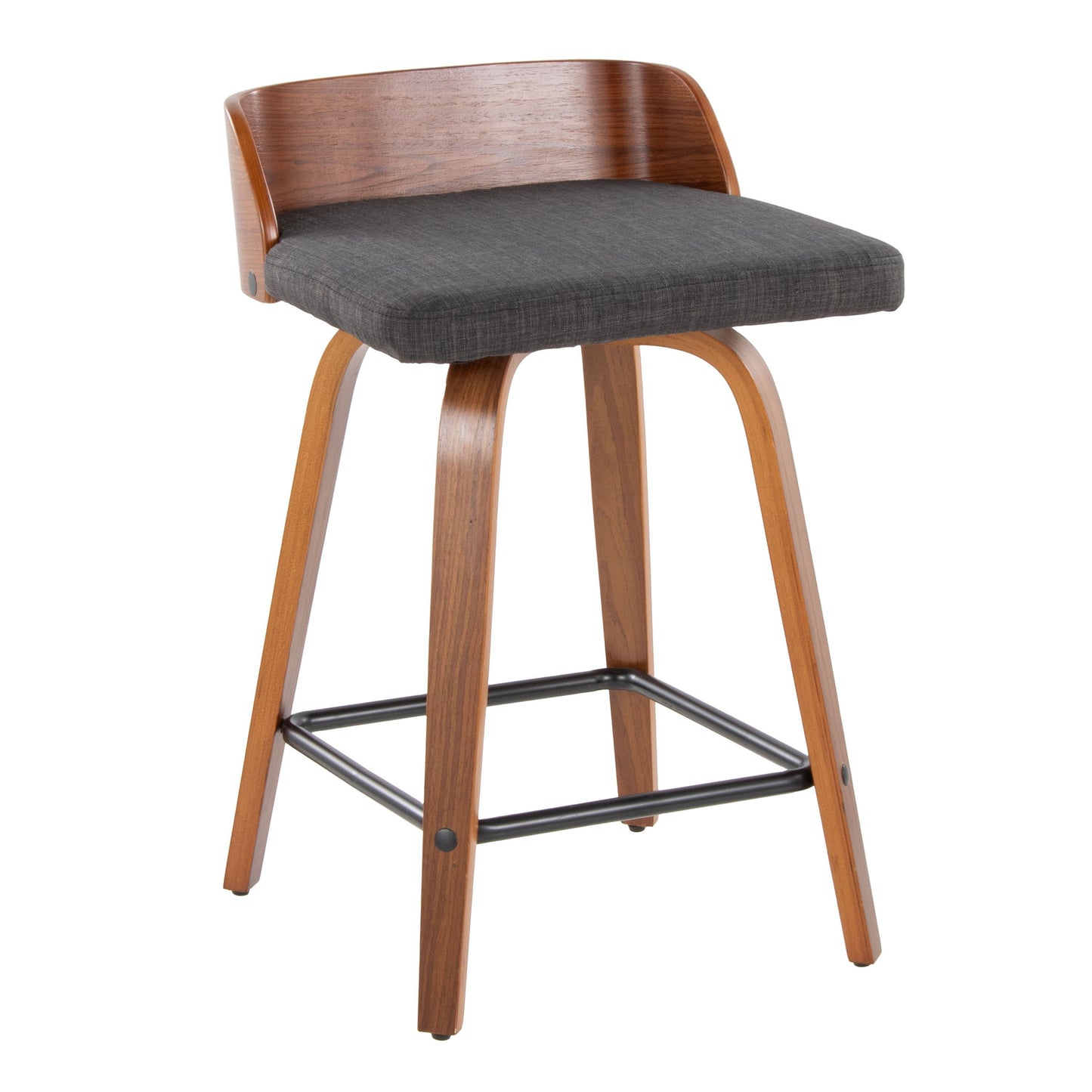 Maya - Mid-Century Modern Fixed Height Counter Stool & Swivel And Square Footrest (Set of 2) - Walnut / Charcoal