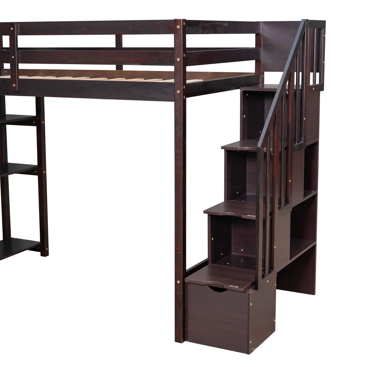 Twin Size Loft Bed With Storage Drawers And Stairs With Shelves - Espresso