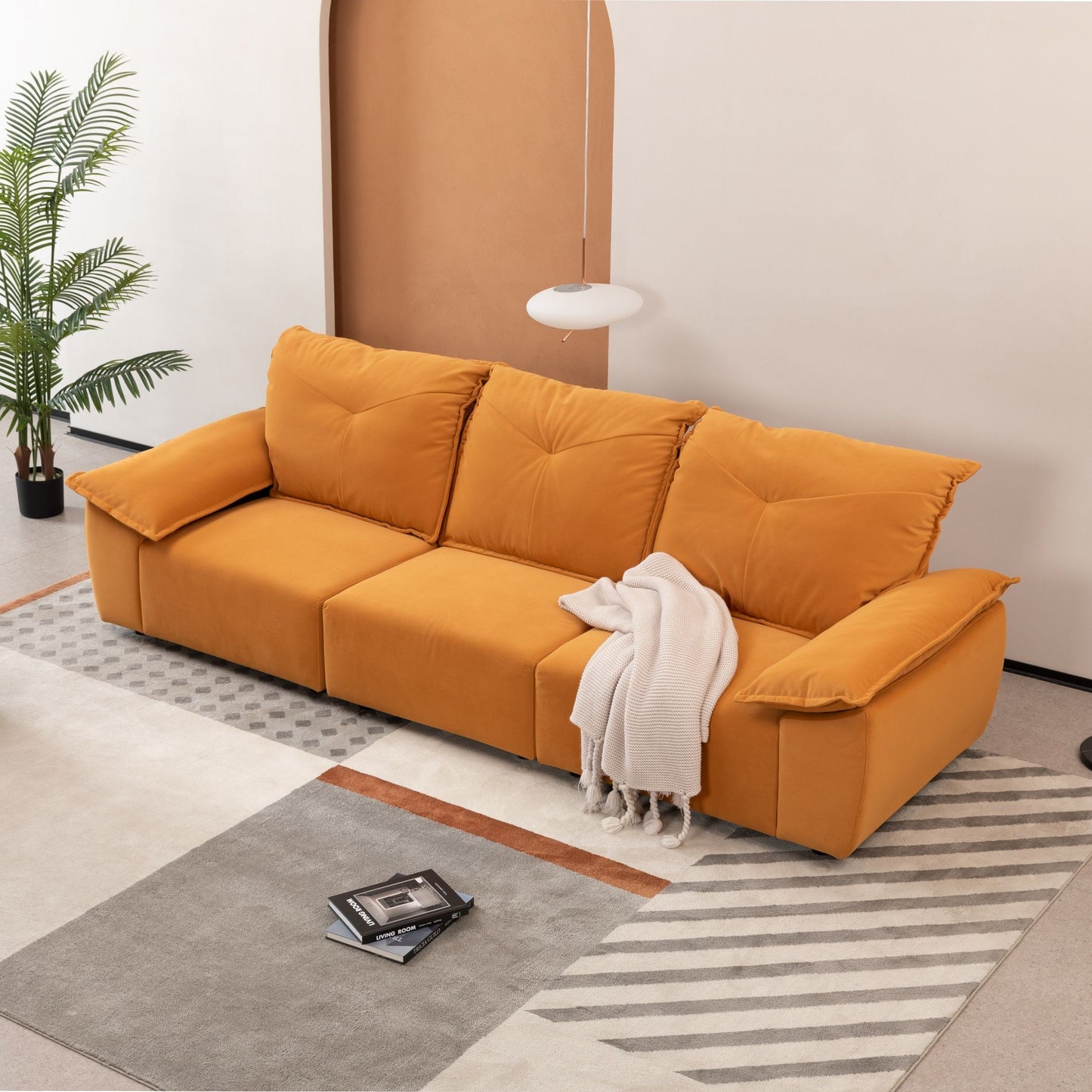 Contemporary Fabric Sofa With Removable Pillowcase And Backrest, Living Room Or Bedroom Use - Orange