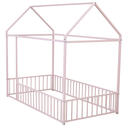 Twin Size Bed House Bed Frame With Fence - Pink