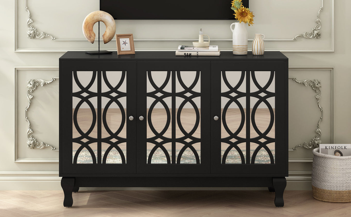 Modern Mirrored TV Stand For TV Up To 55", Entertainment Center Solid Wood Legs, Metal Handle And 3 Adjustable Shelves For Living Room - Black