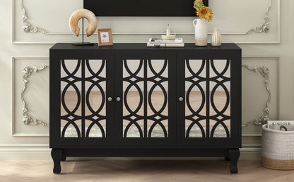 Modern Mirrored TV Stand For TV Up To 55", Entertainment Center Solid Wood Legs, Metal Handle And 3 Adjustable Shelves For Living Room - Black